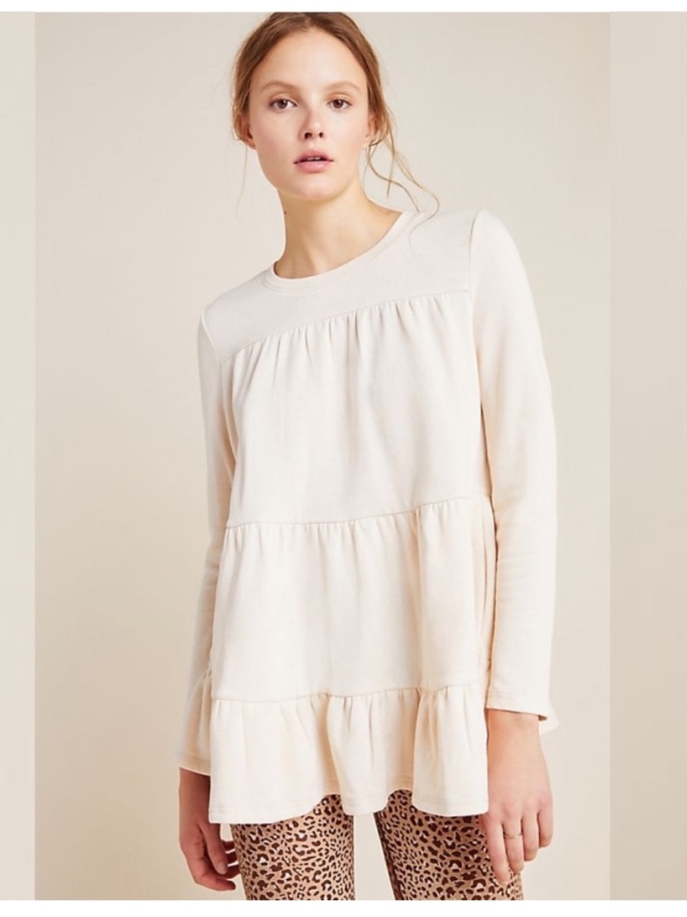 Anthropologie Saturday Sunday Off white Lena Tiered Babydoll Shirt Sz L